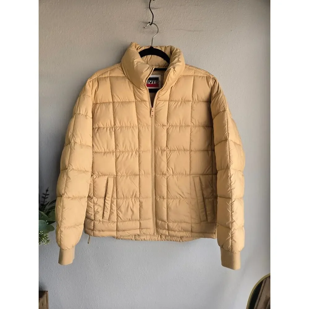 Levi's 733 Box Quilted Puffer Jacket Tan Beige S Small‎ Pockets Full Zip